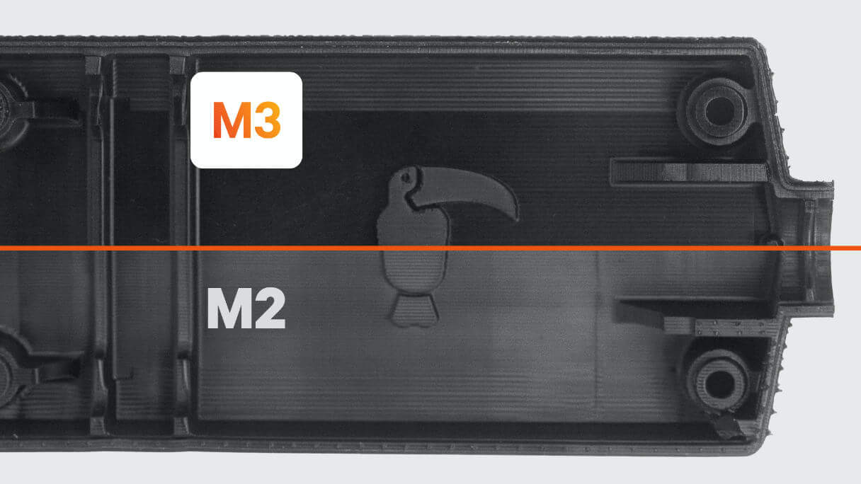 過去モデルのM2と、新モデルM3で、同じ3Dデータを出力した際の滑らかさの比較。M3の方が目に見えて滑らか